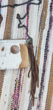Load image into Gallery viewer, Tan & White Cowhide Leather Handbag Purse with Silver Trinity Knot Embellishment