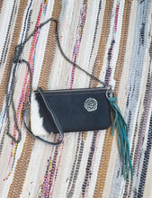 Load image into Gallery viewer, Black & White Cowhide Leather Handbag Purse with Rose Embellishment