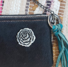 Load image into Gallery viewer, Black & White Cowhide Leather Handbag Purse with Rose Embellishment