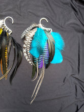 Load image into Gallery viewer, Black, Blue, Turquoise, Black & White Rooster Feather Mix with Pop of Purple Boho Silver Ear Cuff