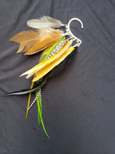 Load image into Gallery viewer, Tan, Brown, Grizzly, Rooster, Natural Feather with Pop of Green Mix Boho Silver Ear Cuff