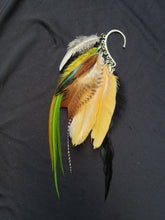 Load image into Gallery viewer, Tan, Brown, Grizzly, Rooster, Natural Feather with Pop of Green Mix Boho Silver Ear Cuff