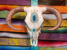 Load image into Gallery viewer, Rose Gold & Turquoise Rare Droop Horn Steer Skull - Home Decor