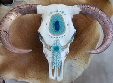 Load image into Gallery viewer, Rose Gold & Turquoise Rare Droop Horn Steer Skull - Home Decor