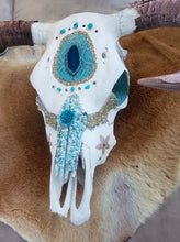 Load image into Gallery viewer, Rose Gold & Turquoise Rare Droop Horn Steer Skull - Home Decor