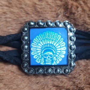Psychedelic Skull Indian on Black Twisted Leather Bracelet