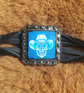 Psychedelic Skull Cowboy on Black Twisted Leather Bracelet