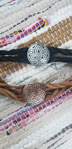 Heavy Metal Celtic Trinity Knot on Leather Twisted Bracelet