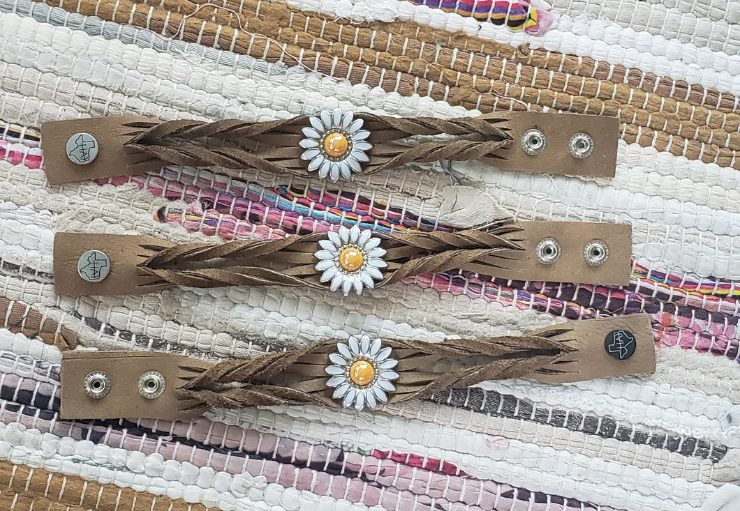 Electric Crazy Daisy on Tan Twisted Leather Bracelet