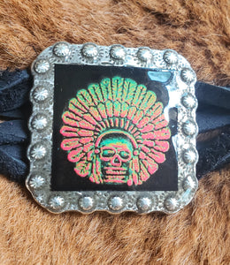 Psychedelic Skull Indian on Black Twisted Leather Bracelet