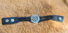 Load image into Gallery viewer, Heavy Metal Silver Rose on Black Leather Twisted Bracelet
