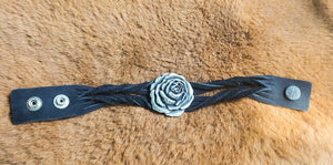 Heavy Metal Silver Rose on Black Leather Twisted Bracelet