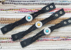 Electric Crazy Daisy on Black Twisted Leather Bracelet