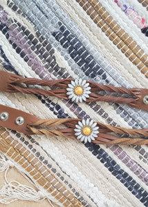 Electric Crazy Daisy on Tan Twisted Leather Bracelet