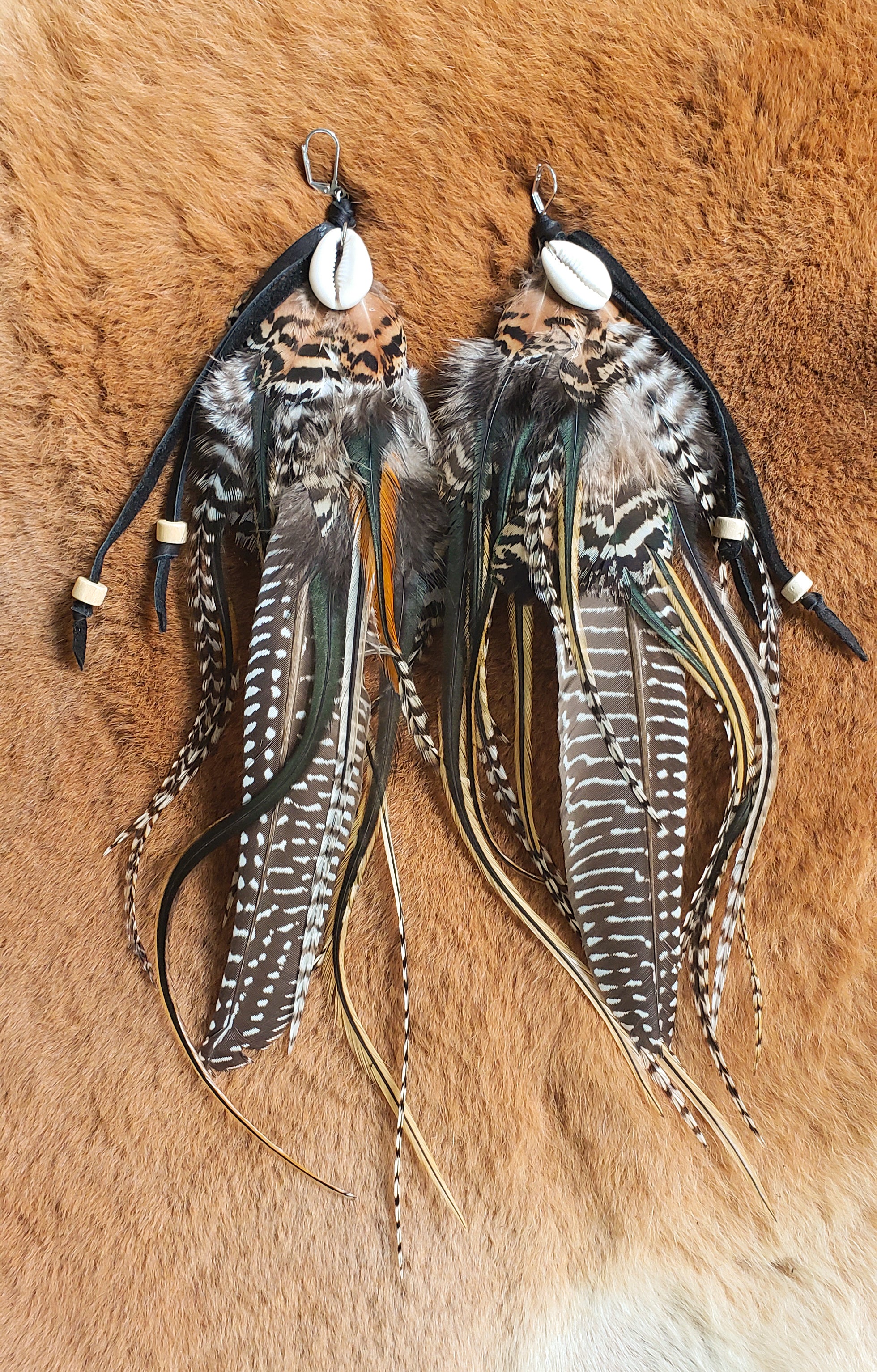 Large Boho Cowry Shell Feather Earrings