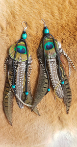 Large Boho Peacock &  Pheasant Feather Earrings