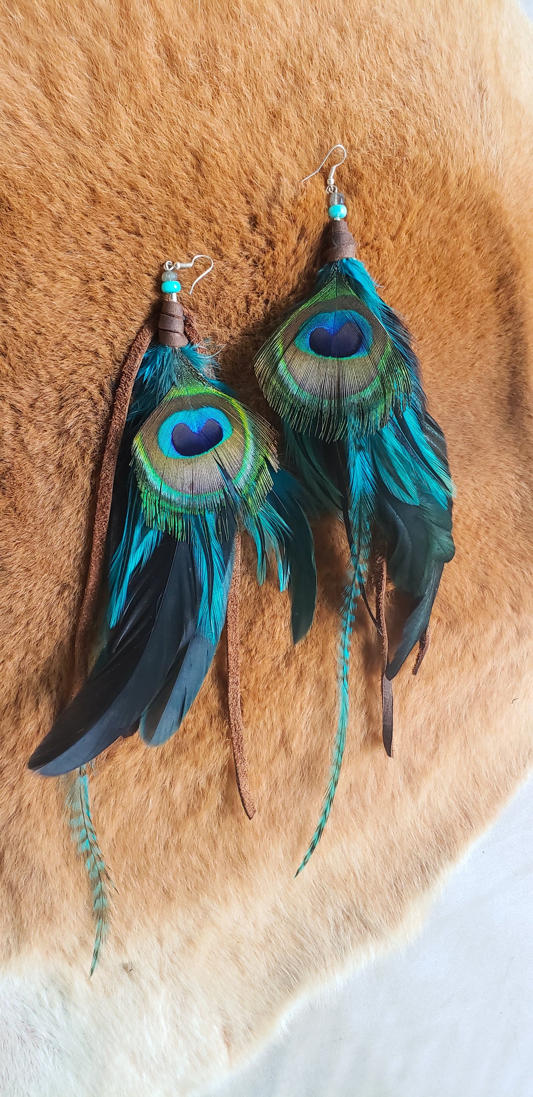 Medium Peacock Leather Boho Earrings