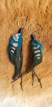 Load image into Gallery viewer, Lightweight Black &amp; Turquoise Feather Silver Hoop Earrings

