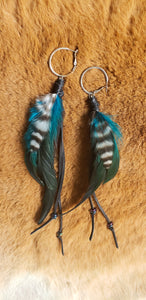 Lightweight Black & Turquoise Feather Silver Hoop Earrings