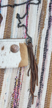 Load image into Gallery viewer, Tan &amp; White Cowhide Leather Handbag Purse with Silver Trinity Knot Embellishment
