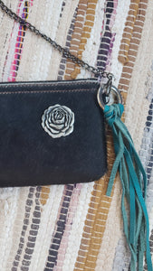 Black & White Cowhide Leather Handbag Purse with Rose Embellishment