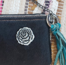 Load image into Gallery viewer, Black &amp; White Cowhide Leather Handbag Purse with Rose Embellishment

