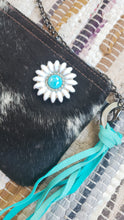 Load image into Gallery viewer, Black &amp; White Cowhide Leather Handbag Purse with Daisy Embellishment
