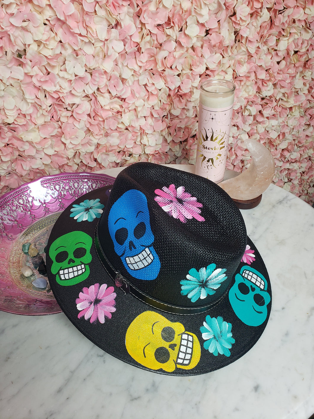 Hand Painted Black Straw Hat - Colorful Skulls