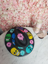 Load image into Gallery viewer, Hand Painted Black Straw Hat - Colorful Skulls
