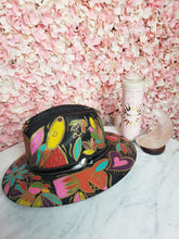 Load image into Gallery viewer, Hand Painted Black Straw Hat - Heart &amp; Hummingbirds
