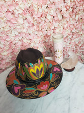 Load image into Gallery viewer, Hand Painted Black Straw Hat - Heart &amp; Hummingbirds
