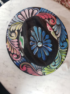 Hand Painted Black Straw Hat - Pastel Floral