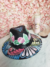 Load image into Gallery viewer, Hand Painted Black Straw Hat - Pastel Floral
