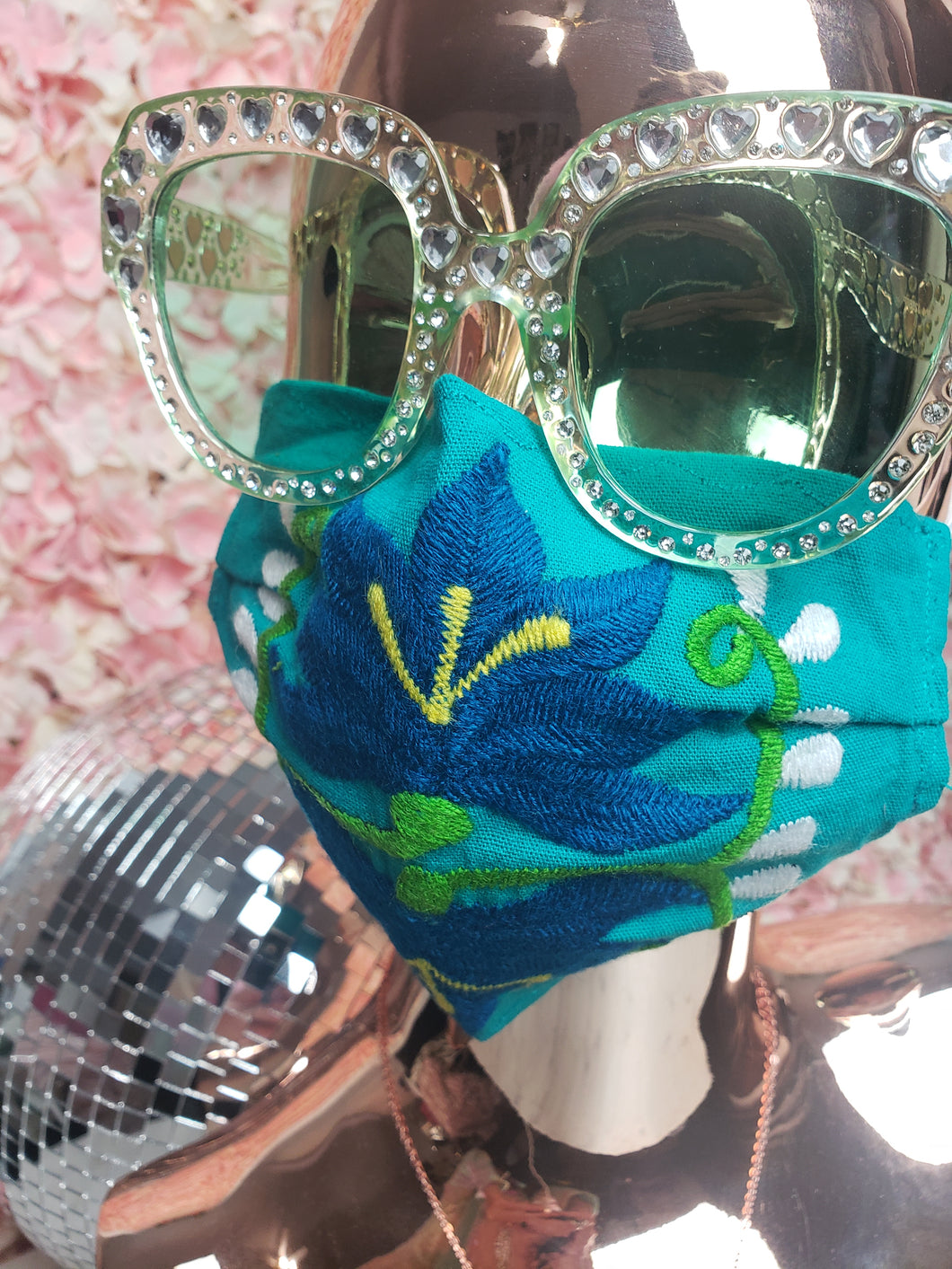 Teel, Navy, Green & White Floral Embroidery Mask