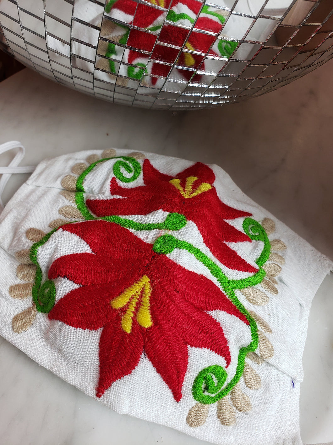 Red & White Floral Embroidery Mask