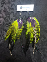 Load image into Gallery viewer, Witchy Lime Green &amp; Purple Feather Earrings with Crescent Moon + Star Charms
