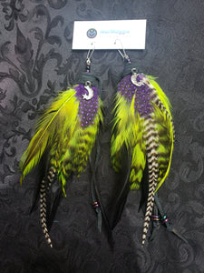 Witchy Lime Green & Purple Feather Earrings with Crescent Moon + Star Charms