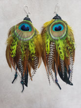 Load image into Gallery viewer, Lime Green &amp; Natural Peacock Feather Boho Earrings

