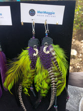 Load image into Gallery viewer, Witchy Lime Green &amp; Purple Feather Earrings with Crescent Moon + Star Charms
