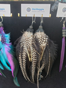 Natural Boho Feather Earrings with Celtic Swirl, Lava Beads, and Black Leather