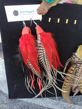 Load image into Gallery viewer, Large Red &amp; Long Grizzly Feather Boho Feather Leather Earrings
