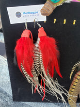 Load image into Gallery viewer, Large Red &amp; Long Grizzly Feather Boho Feather Leather Earrings
