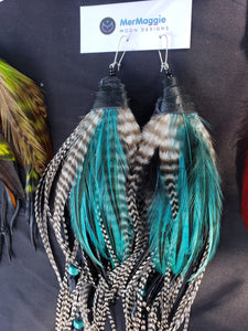 Large Turquoise & Long Grizzly Feather Boho Feather Earrings