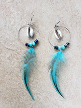 Load image into Gallery viewer, Blue Feather Silver Cowry Shell Silver Hoop Earrings
