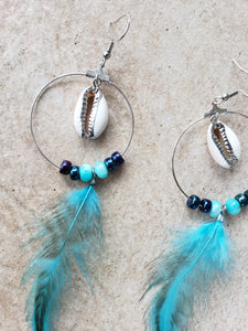 Blue Feather Silver Cowry Shell Silver Hoop Earrings