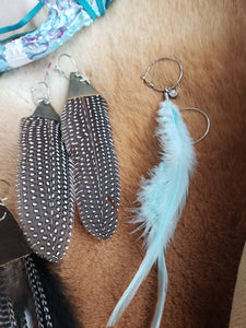 Simple Baby Blue or White Feather & Rhinestone Hoop Earrings