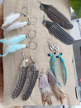 Load image into Gallery viewer, Single Black &amp; White Guinea Feather + Leather Hoop Earrings
