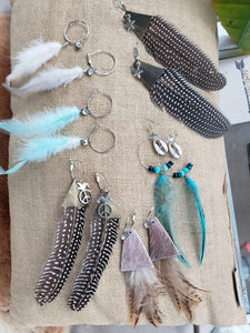 Single Black & White Guinea Feather + Leather Hoop Earrings