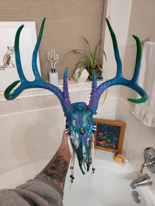 Marble Painted + Labradorite Crystal White Tail Deer Skull - Home Decor