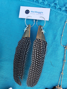 Single Black & White Guinea Feather + Leather Hoop Earrings